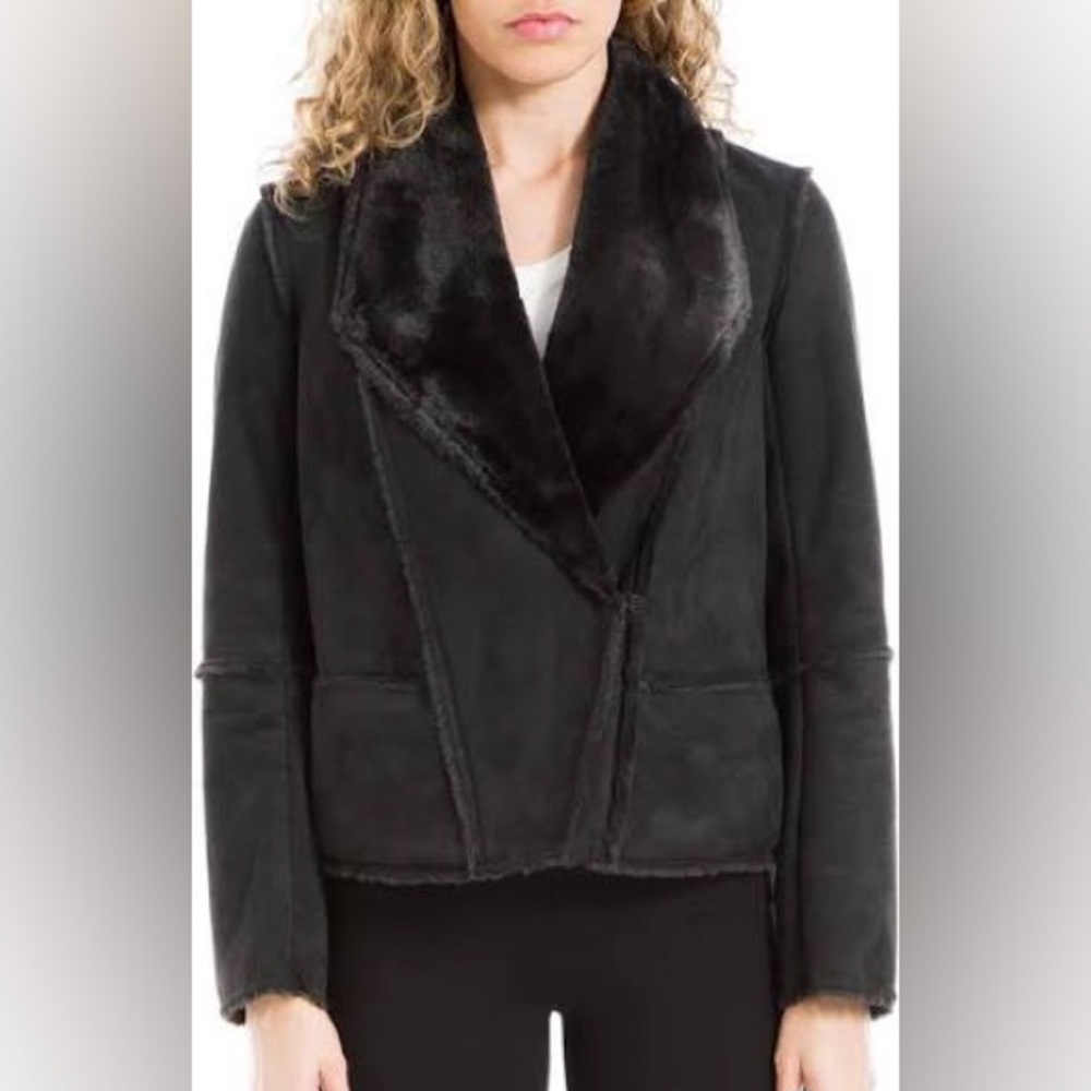 Max Studio Black Faux Fur Suede Double Breasted Jacket SZ. M